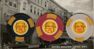 Reno Golden 7th Issue Casino Chips $5 - $25 - $100.