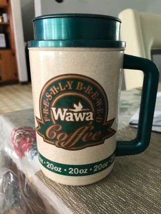 Rare Vintage Wawa Coffee Travel Mug Hot Cup 20 Oz Green & Tan Insulated Tumbler