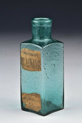 Rare Saratoga Glass Teal Blue Shoe Blacking Bottle W/ Open Pontil & Label
