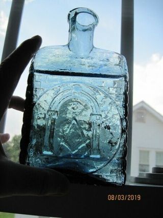 Sky Blue Masonic American Log Cabin Bottle - - Clevenger Mould 6