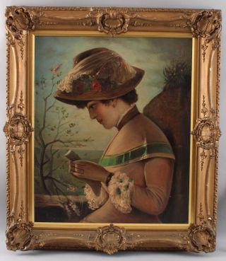 Large C1900 Antique French Portrait Oil Painting,  Woman Reading,  Flower Hat Nr
