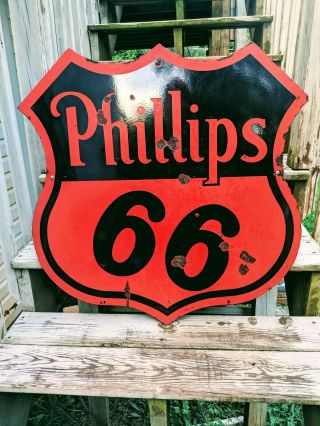 Vintage 1956 Double Sided Porcelain Phillips 66 Sign 30 Inch Gas Oil
