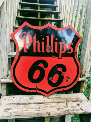 Vintage 1956 Double Sided Porcelain Phillips 66 sign 30 inch gas oil 2
