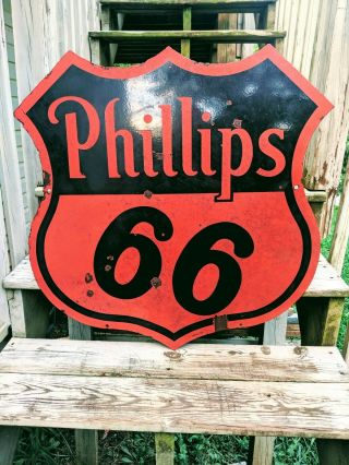Vintage 1956 Double Sided Porcelain Phillips 66 sign 30 inch gas oil 5