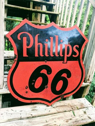 Vintage 1956 Double Sided Porcelain Phillips 66 sign 30 inch gas oil 6
