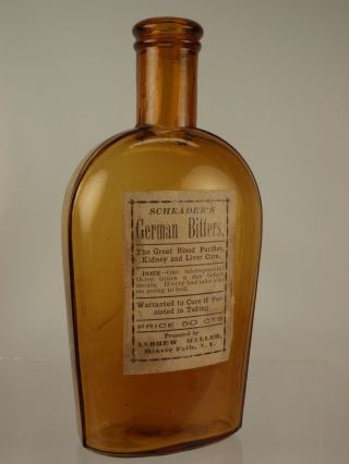 Amber Strap Side Flask Labeled Schrader 