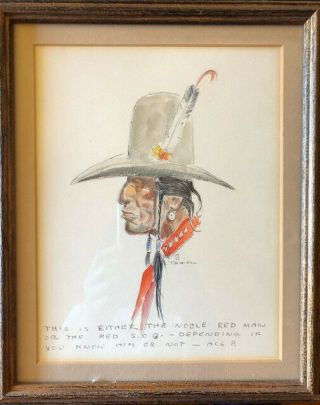 Ace Powell " Noble Red Man " Ink And Watercolor; 7x9 And Framed 9x11,  1970 