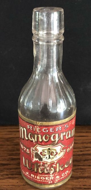 Vintage Rare Monogram 1/10 Pint Paper Label & Embossed Whiskey Bottle