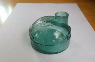 1870s Light Teal Igloo Turtle Ink Bottle With Emb Cardinal Bird Scallop Panels