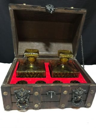 Vintage 10 " Wood Pirate Treasure Chest Box Bar Liquor Decanters Shot Glass
