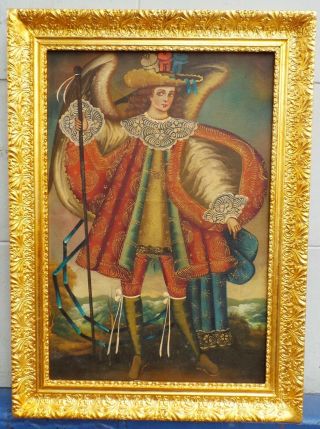 Antique Early 19th Century Oil Painting Gabriel Archangel Spanish Colonial