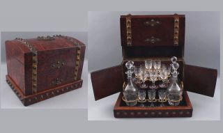 Antique Tantalus Burl Cabinet 4 Etched Glass Liquor Decanters Cordial Glasses