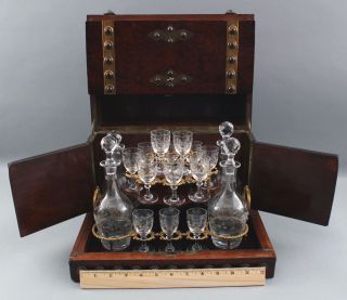 Antique Tantalus Burl Cabinet 4 Etched Glass Liquor Decanters Cordial Glasses 2