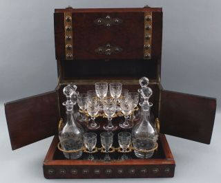 Antique Tantalus Burl Cabinet 4 Etched Glass Liquor Decanters Cordial Glasses 3