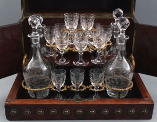 Antique Tantalus Burl Cabinet 4 Etched Glass Liquor Decanters Cordial Glasses 4