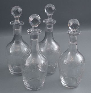 Antique Tantalus Burl Cabinet 4 Etched Glass Liquor Decanters Cordial Glasses 5