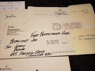 Jerry Lewis signed envelopes,  handwritten notes from Ms.  Lewis Sam early 1990 ' s 5