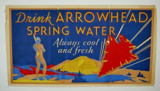 Vtg 1930s Art Deco Arrowhead Spring Water Indian Advertising Poster