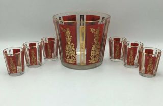 Mcm Culver Barware Set Red Gold Asian Thai Goddess 6 Shot Glasses & Ice Bucket