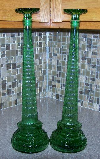 Vintage 24 " Tall Green Glass Floor Decanters W/toppers