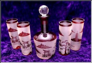 Vintage Frosted Cranberry Cut Glass Asian Japanese Pattern Bar Set