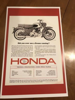 Vintage Honda Dream Ca77 Cb77 Motorcycle Ad Poster Home Decor Man Cave Art H1311