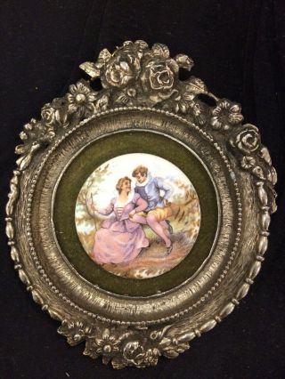 Antique Hand Painted Miniature Portrait On Porcelain.  Repousse Silver Frame 1850