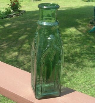 11 1/2  Dark Green Blue Embossed Cathedral Pickle Bottle Heavy Embossing