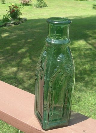 11 1/2  DARK GREEN BLUE EMBOSSED CATHEDRAL PICKLE BOTTLE HEAVY EMBOSSING 3