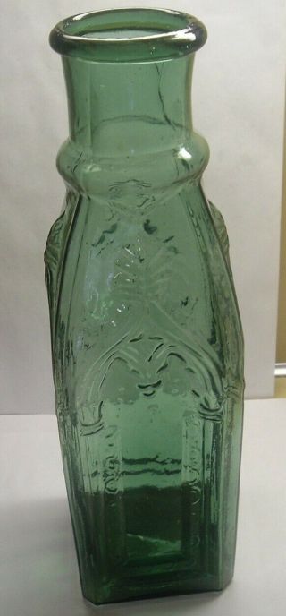 11 1/2  DARK GREEN BLUE EMBOSSED CATHEDRAL PICKLE BOTTLE HEAVY EMBOSSING 7