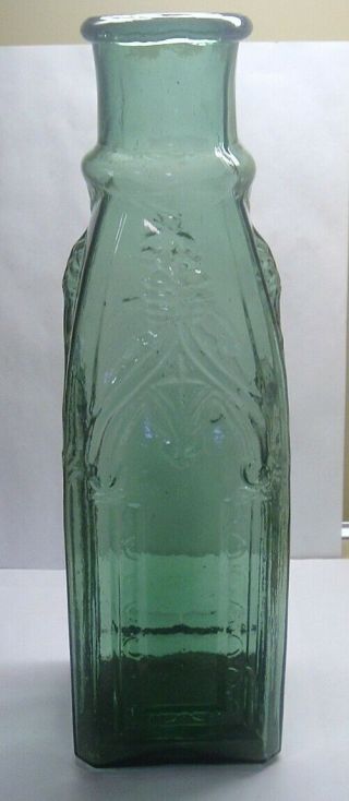 11 1/2  DARK GREEN BLUE EMBOSSED CATHEDRAL PICKLE BOTTLE HEAVY EMBOSSING 8