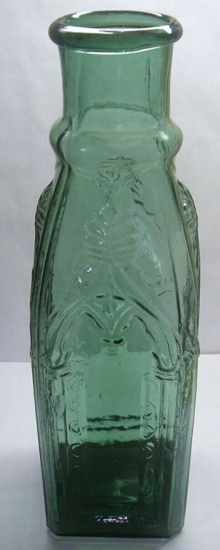 11 1/2  DARK GREEN BLUE EMBOSSED CATHEDRAL PICKLE BOTTLE HEAVY EMBOSSING 9