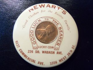 Vintage Celluloid Advertising Pocket Mirror With Encased 1947 D Penny Clothier