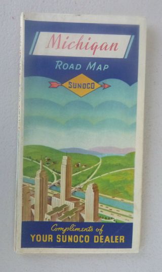 1939 Michigan Road Map Sunoco Oil Gas