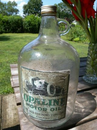 Vintage Sinclair Opaline Motor Oil Glass Jug Bottle Gallon Race Car Paper Label