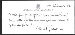 Silvio Berlusconi Italian Prime Minister Hand Signed Letter Note Card Sept 2011