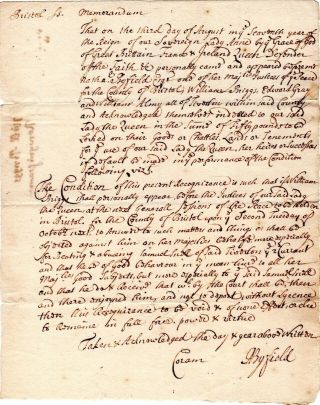 1709,  Rehoboth,  Mass,  Judge Nathaniel Byfield,  Signed,  Threats Upon Mans Life