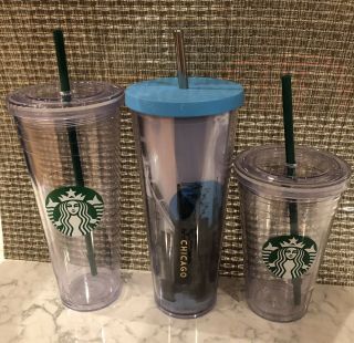 Euc Set Of 3 Starbucks Chicago & Green Logo Plastic Tumblers,  Grande/venti Sizes