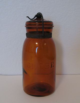 1886 Rare Dark Amber Brown Antique Globe Quart Canning Fruit Jar W/ Lid 50