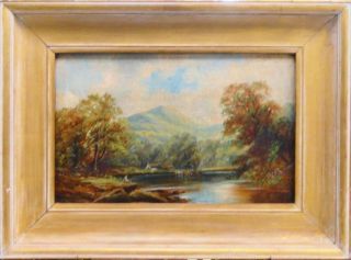 Antique 19th Century Landscape Oil Painting On Canvas Fisherman Cows And Cottage