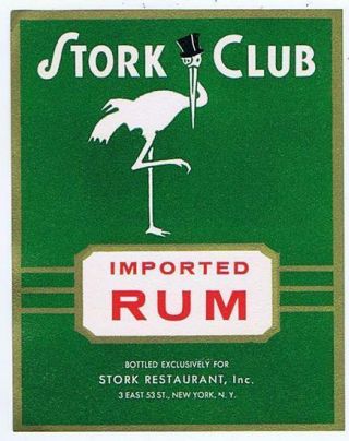 Stork Club Rare Antique Bottle Label Nyc,  Imported Rum,  Top Hat Crease