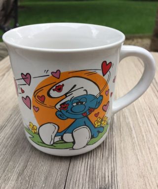 Vintage 1982 Smurfs Mug " Guess Who Loves Ya " Coffee Mug By Wallace Berrie