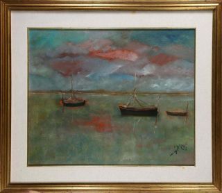Boats On Water Illegibly Signed Moody Older Expressionist Oil Painting No Res.