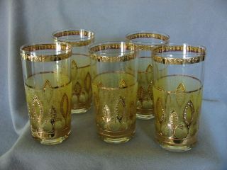 Vintage Signed Culver Glass Tumblers - Green & Gold W/gold Fleur De Lis - Set Of 5