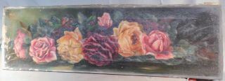 Antique Folk Art Oil Painting Yard Long Roses Attic Discovery Naïve 1890
