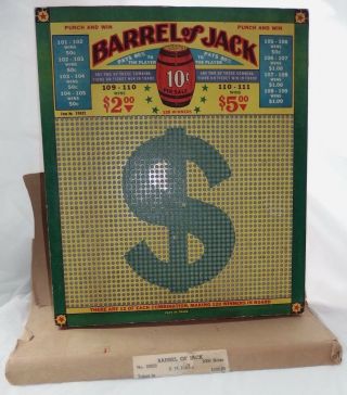 Vintage " Barrel Of Jack " Punch Board With Sleeve By R.  M.  Jumbo.  Old.