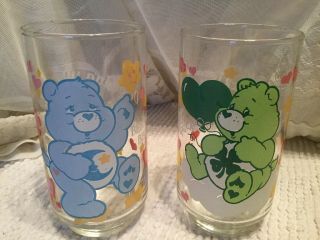2 Vintage Care Bears Glasses Bedtime Good Luck Bear 1985 Drinking Glass Tumbler