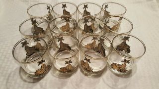 12 Culver Owl/cat Gold Decorated Whiskey Low Ball Cocktail Glasses 3 - 3/8 "