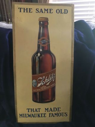 Schlitz Beer Sign: Beveled Tin Litho Over Cardboard " The Same Old "