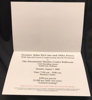 Sen.  John McCain Signed Mike Pence For Congress Invitation Autograph 4